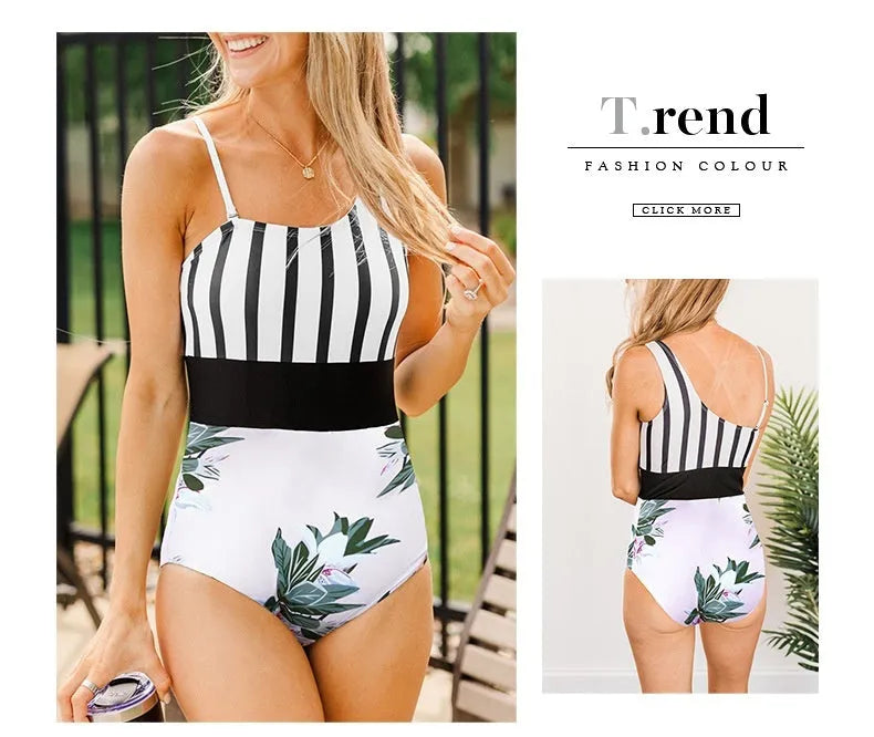 Women's leopard print one-piece swimsuit with asymmetric collar and high waist briefs design