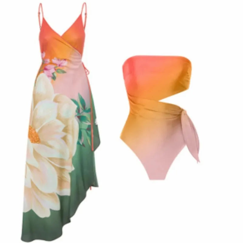 Women's one-piece swimsuit with a retro printed pattern in blue and white.