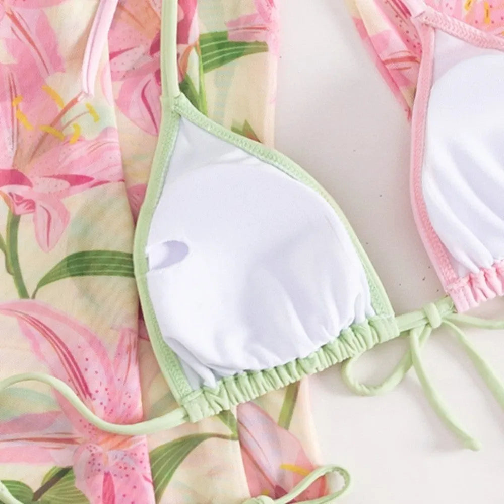 Women's printed two-piece bikini swimsuit set on a model