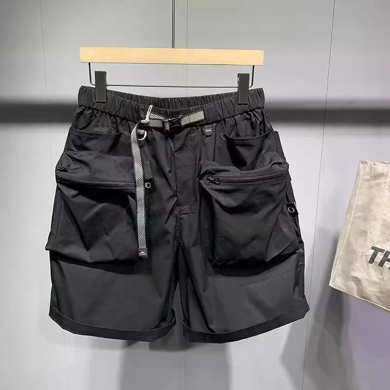 Large size men's black work shorts with pockets and straight leg hem