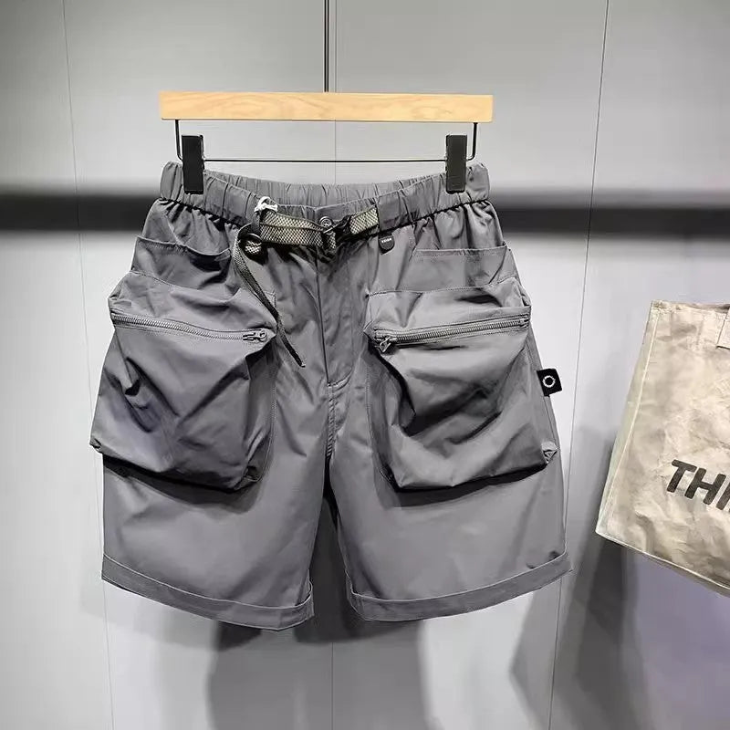 Large size men's black work shorts with pockets and straight leg hem