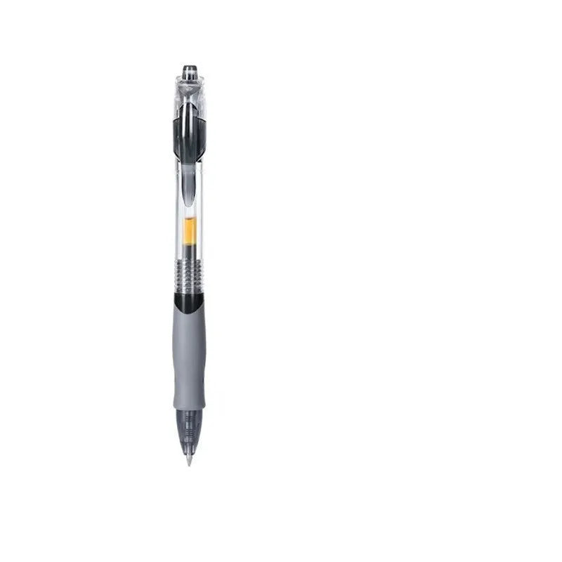 A plastic gel pen with a 0.5mm tip, shown in black, blue and red colour options.