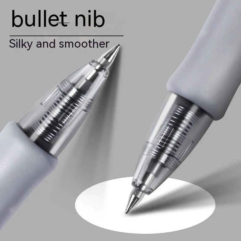 A plastic gel pen with a 0.5mm tip, shown in black, blue and red colour options.