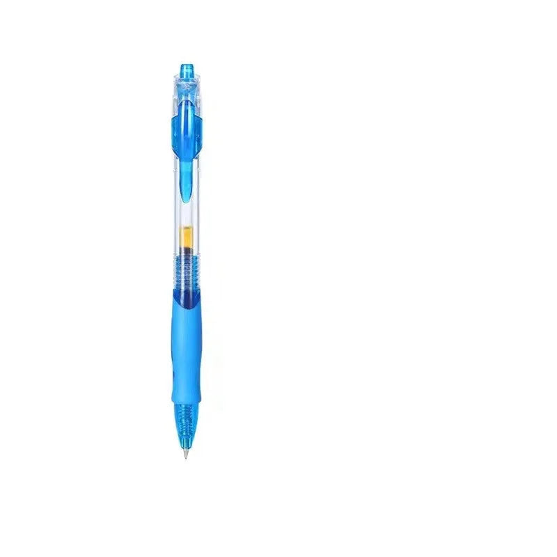 A plastic gel pen with a 0.5mm tip, shown in black, blue and red colour options.