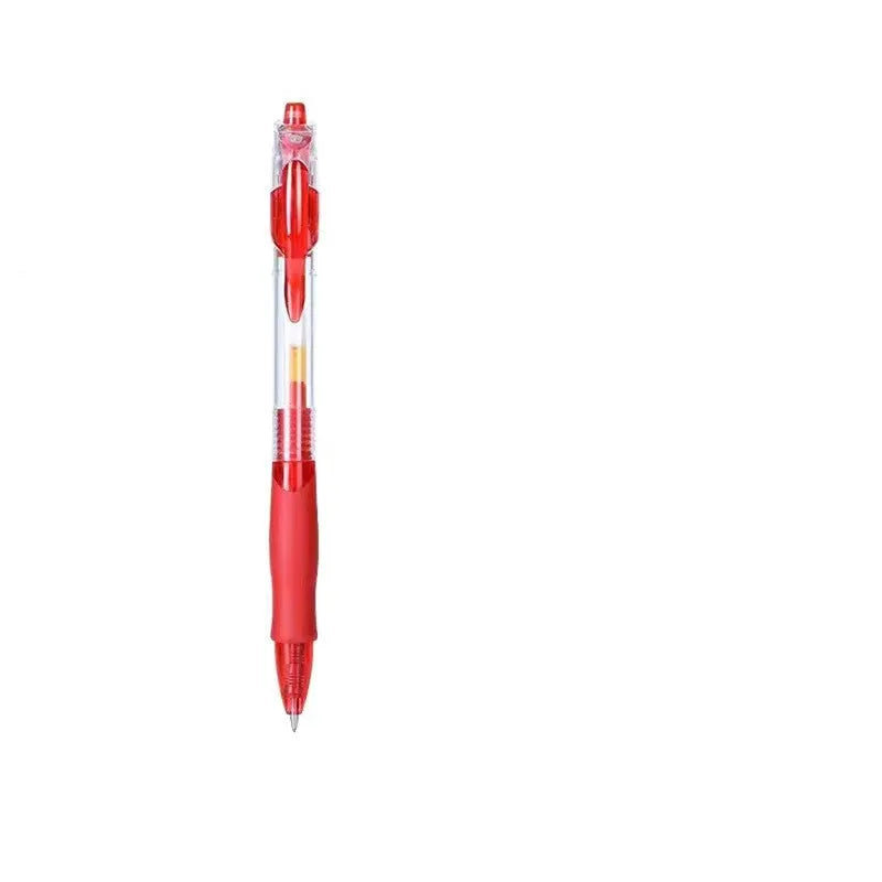 A plastic gel pen with a 0.5mm tip, shown in black, blue and red colour options.