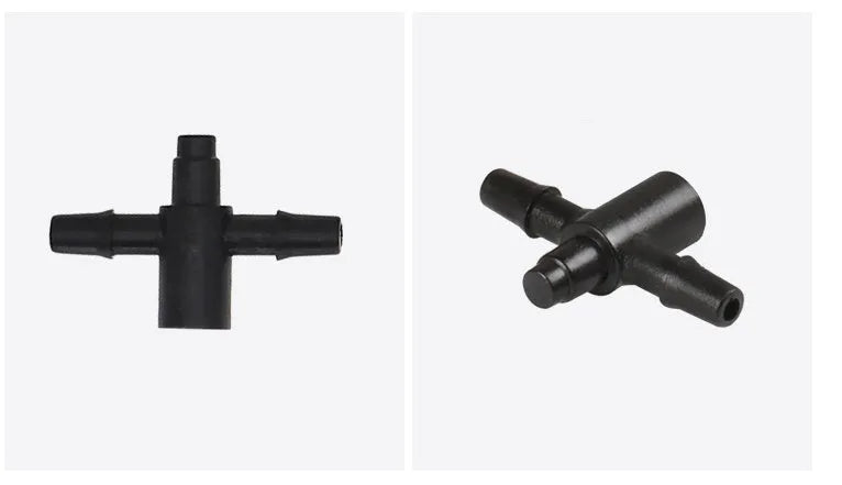 White PE plastic tee water distributor joint for micro spray garden irrigation systems.