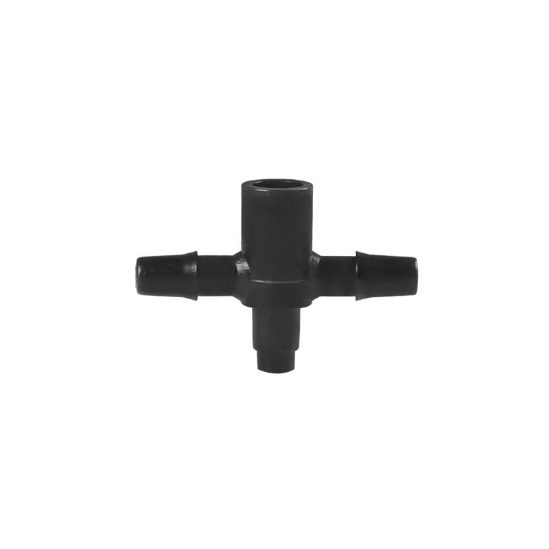 White PE plastic tee water distributor joint for micro spray garden irrigation systems.