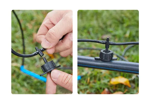 White PE plastic tee water distributor joint for micro spray garden irrigation systems.