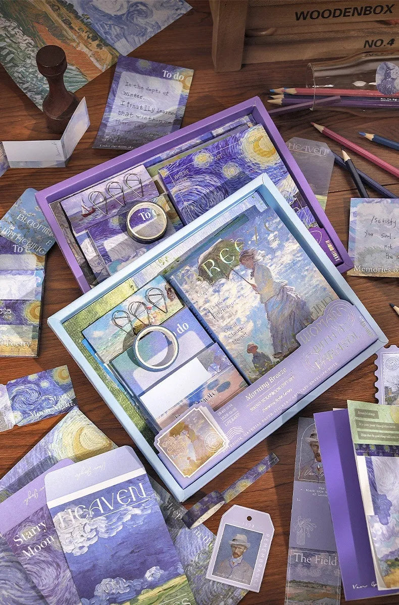 A6 grid creative journal gift box with notebook, decorative papers, cards, stickers, and retro plaid design.