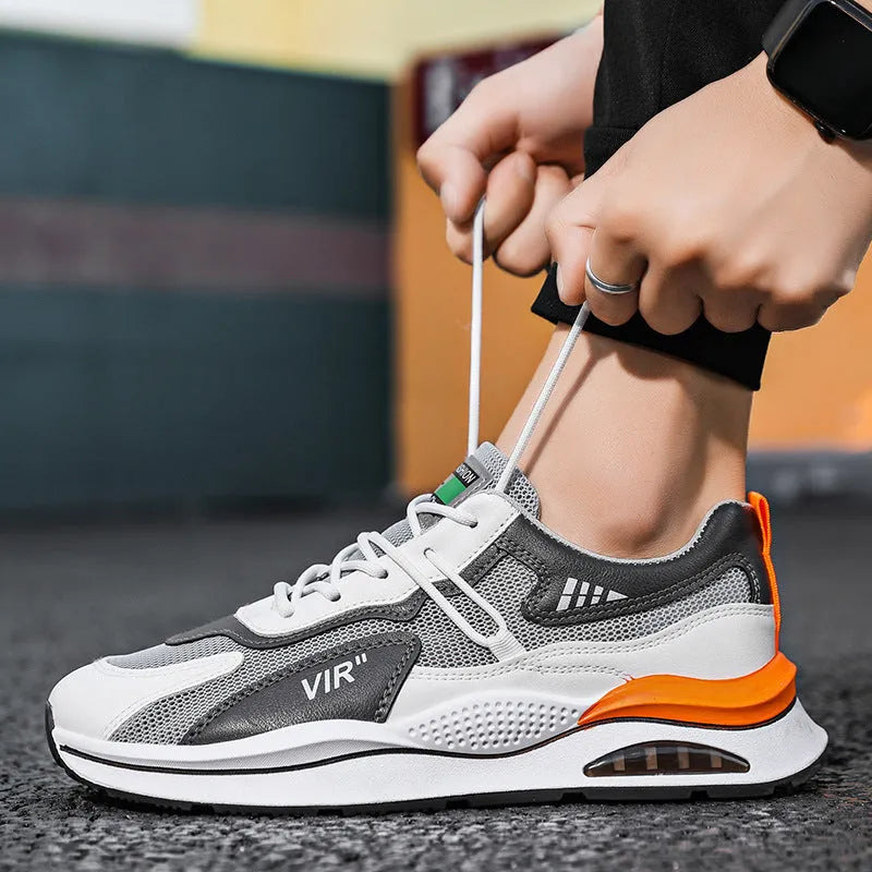 Men's grey mesh casual running shoes with round toe and middle-top design