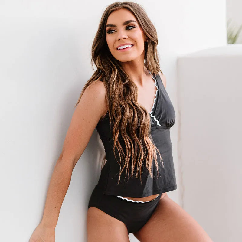 Black women's one-piece swimsuit with sleeveless split design