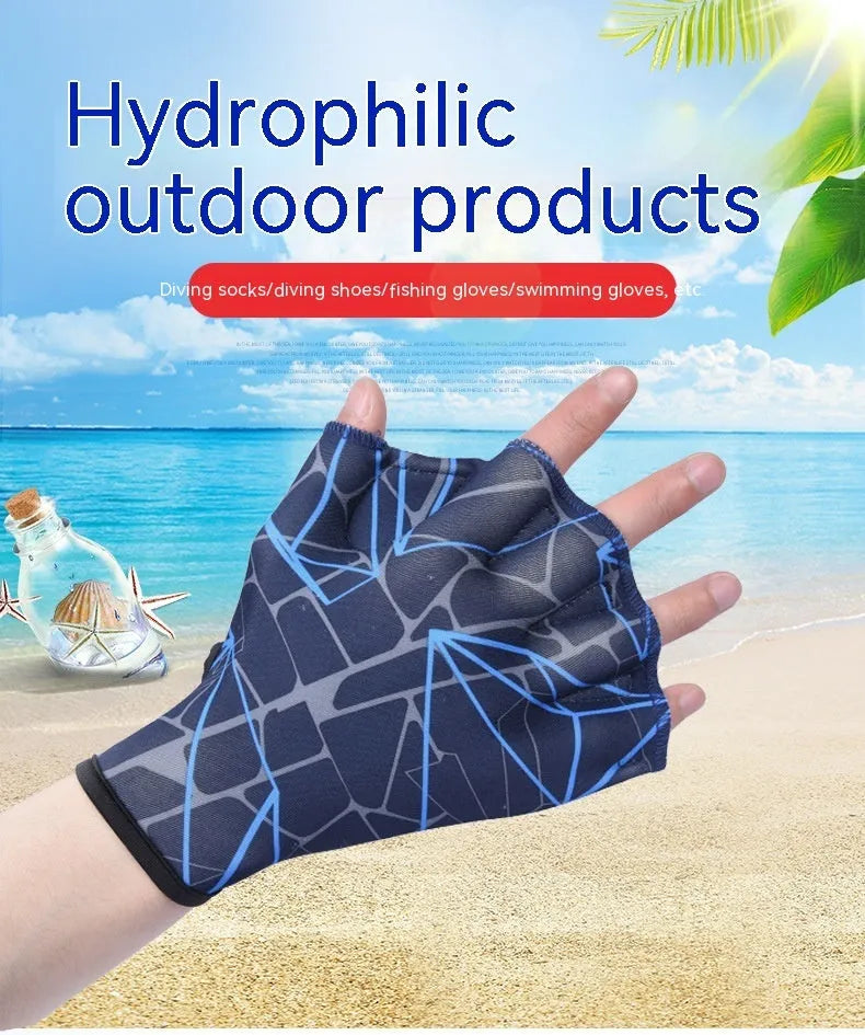 Duck feet webbed swimming gloves in multiple colour prints showing nylon construction and sizing options