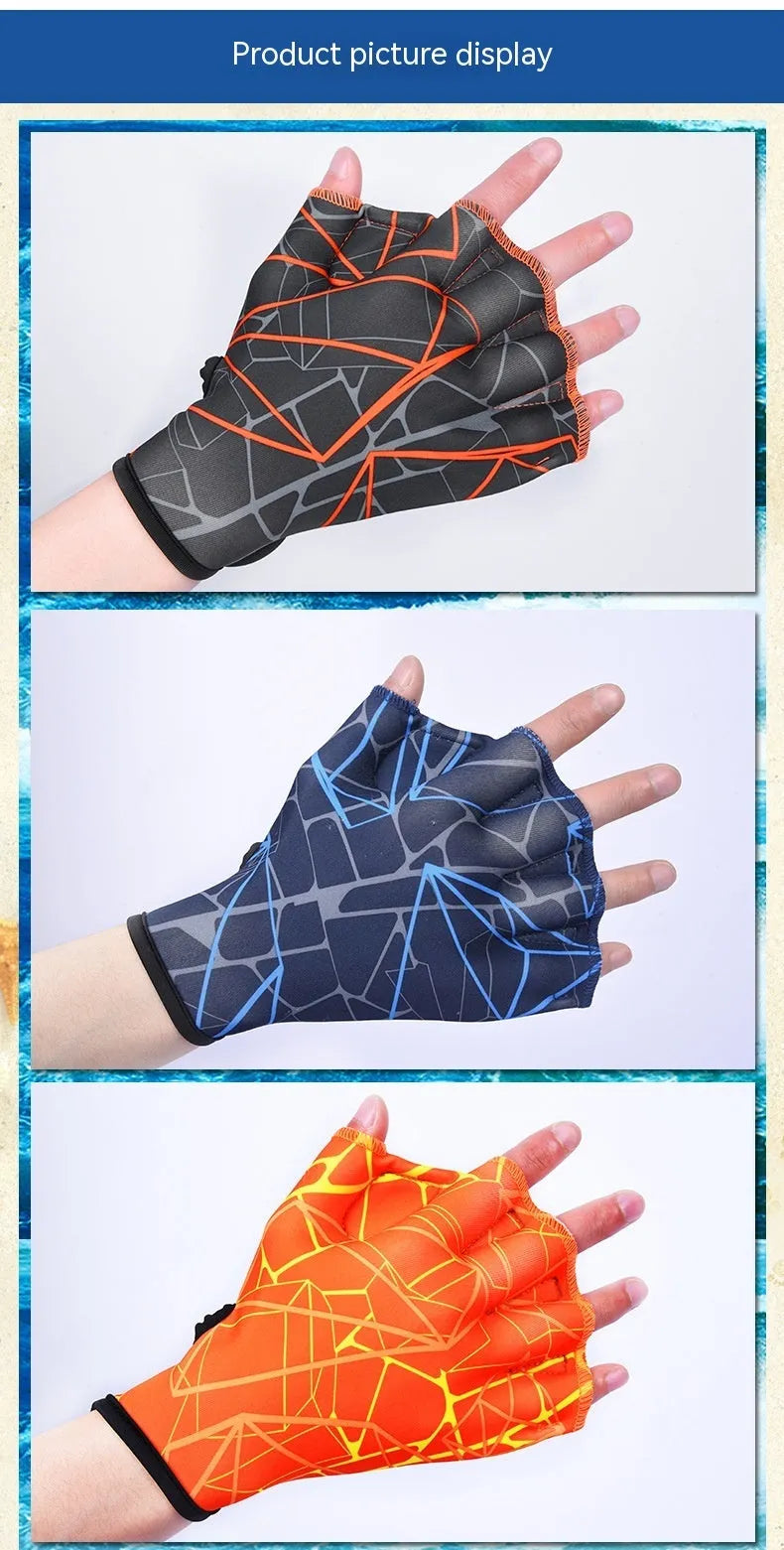 Duck feet webbed swimming gloves in multiple colour prints showing nylon construction and sizing options