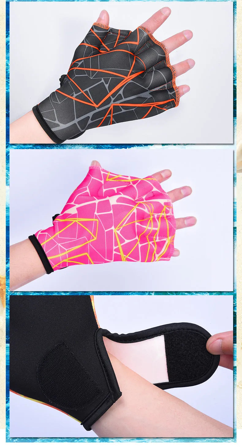 Duck feet webbed swimming gloves in multiple colour prints showing nylon construction and sizing options