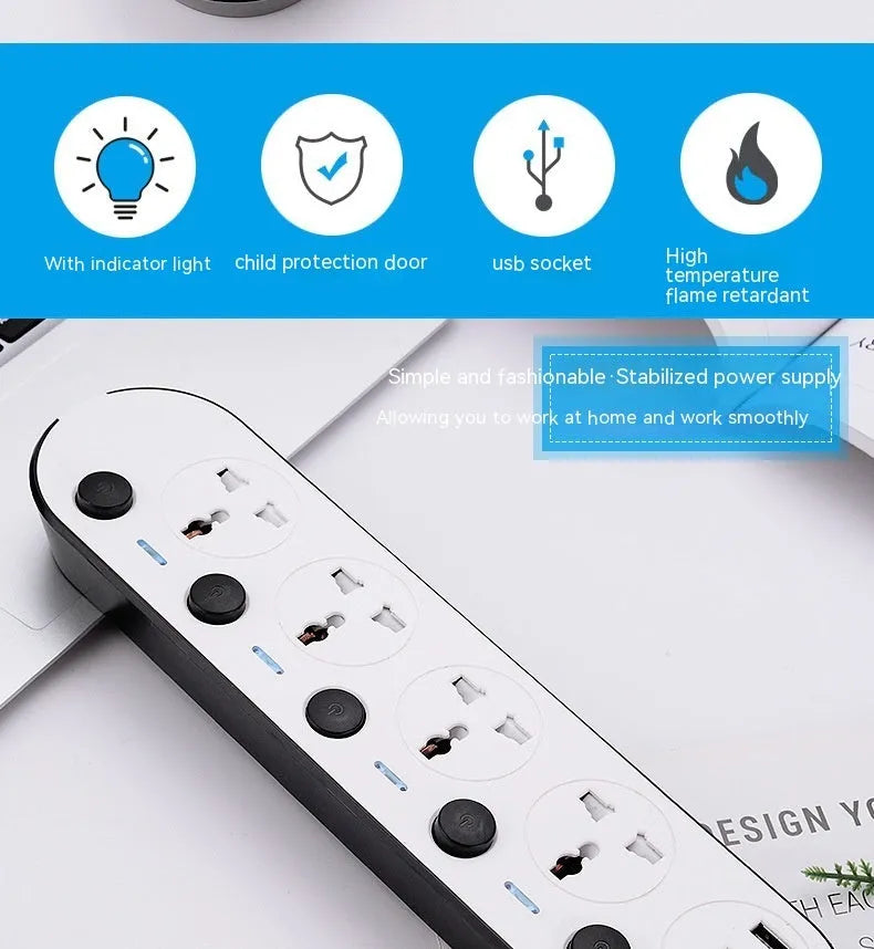 Multi-format international power strip with USB ports and switch in colour 2035u