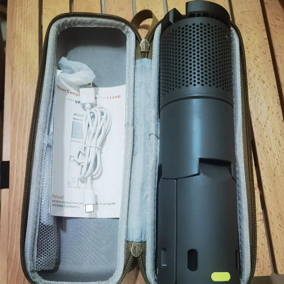 Portable LED camping lantern in off white or dark grey colour with a button switch.