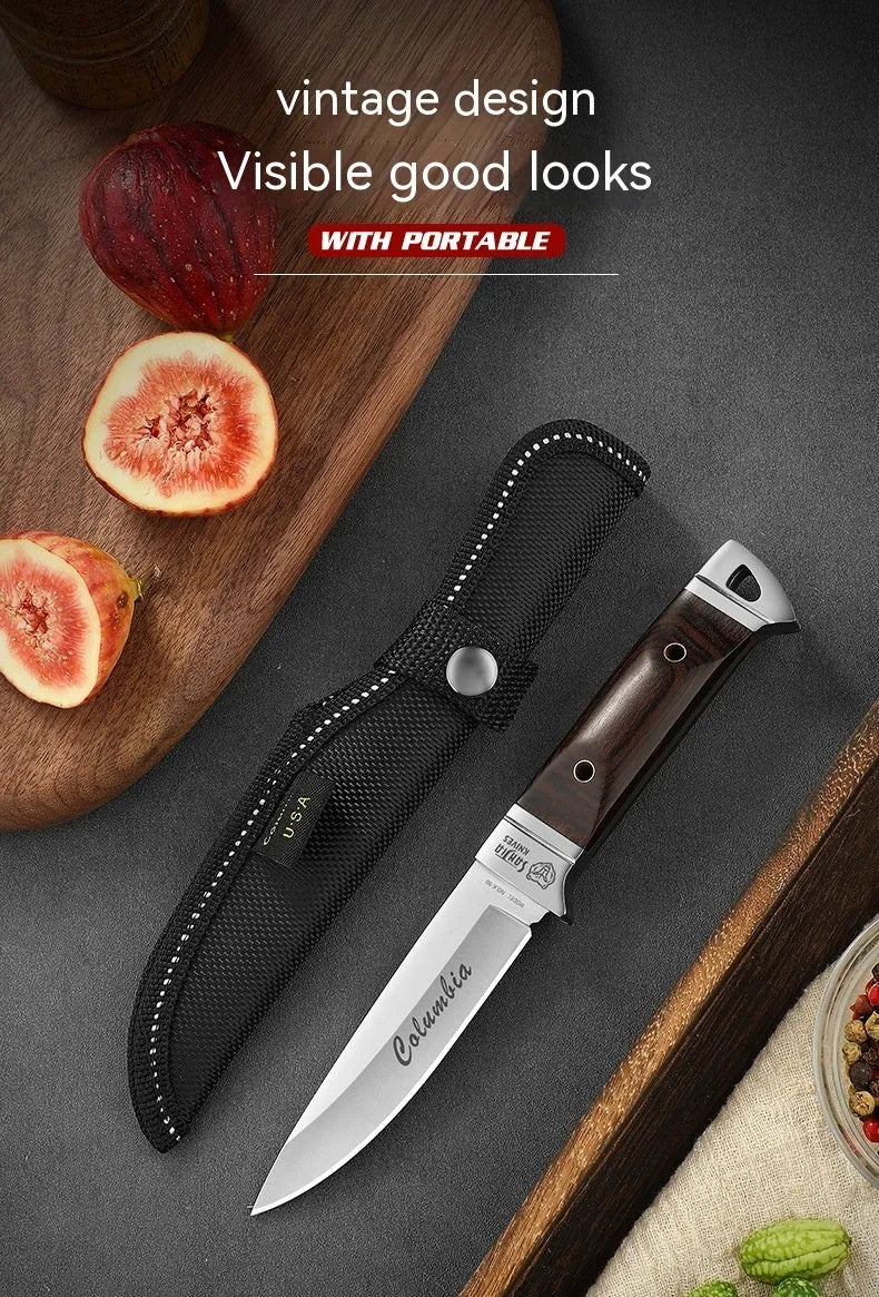 Camping portable fruit knife with leather case and stainless steel blade