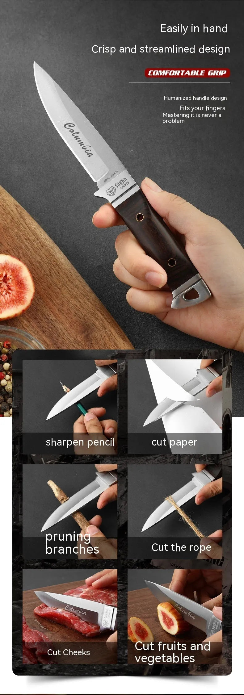 Camping portable fruit knife with leather case and stainless steel blade