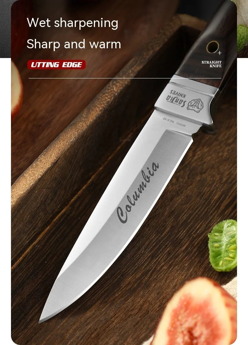 Camping portable fruit knife with leather case and stainless steel blade
