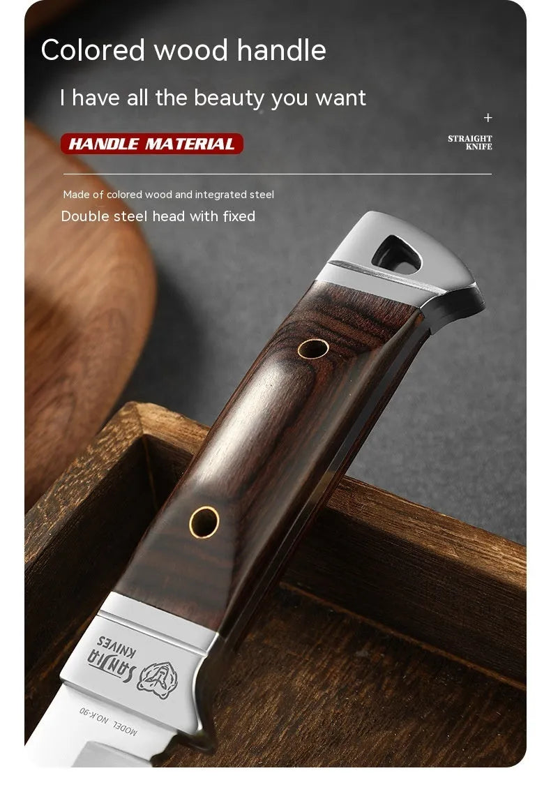 Camping portable fruit knife with leather case and stainless steel blade