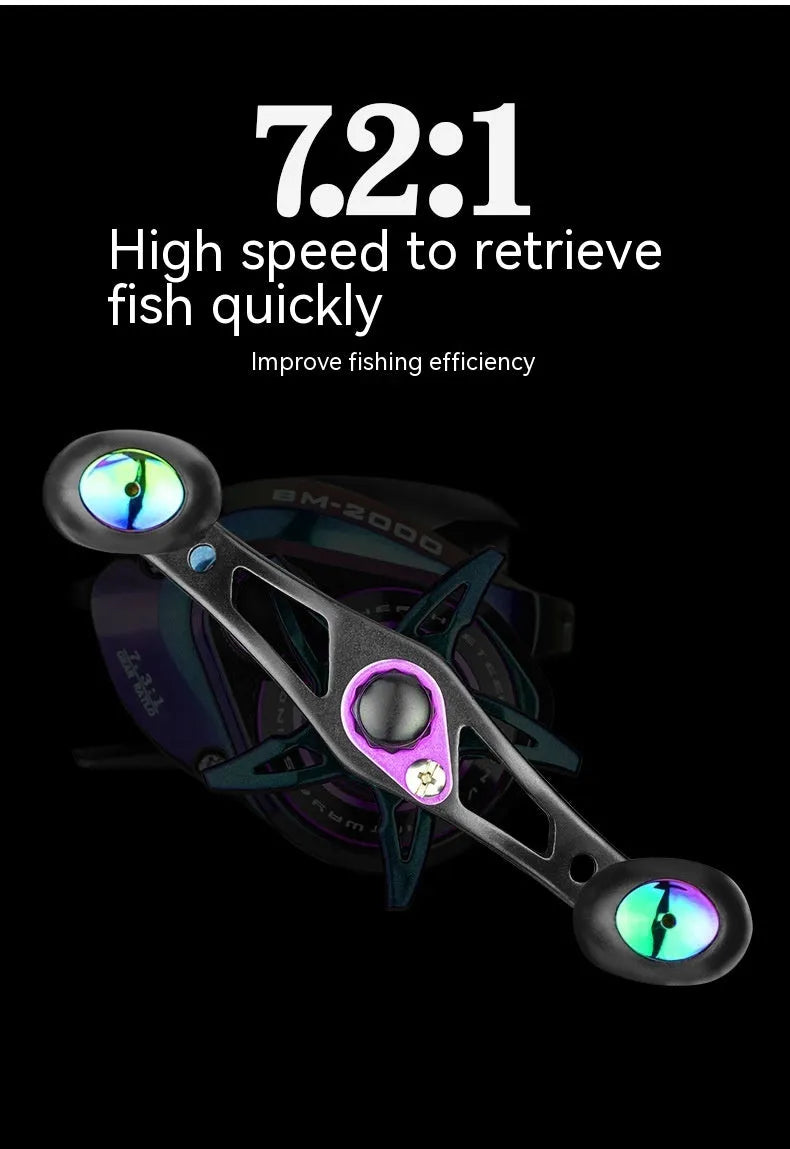 BM2000 model fishing reel with a magnetic brake water drop system, shown in left-hand and right-hand versions.