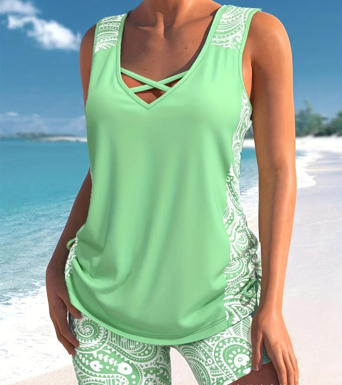 Women's printed split boxer swimsuit with matching shorts in multiple colour options