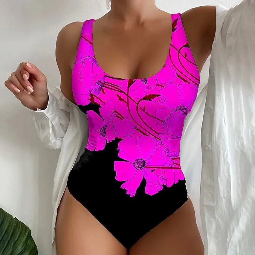 Women's one-piece swimsuit with 3D printed pattern in orange red, sky blue, or purple.