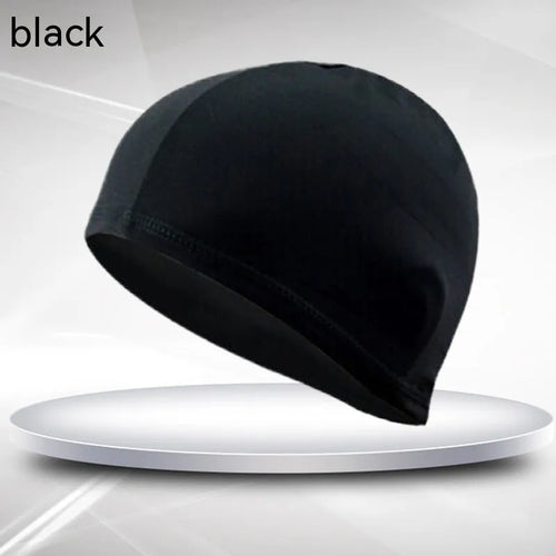 Black polyester cloth swim cap for adult unisex swimming