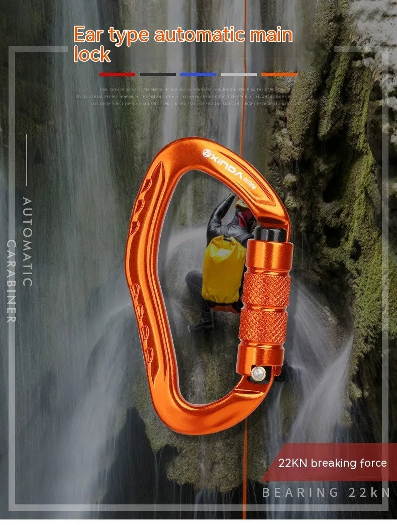 Automatic lock climbing carabiner in black, blue, orange, red, and silver colours for outdoor equipment