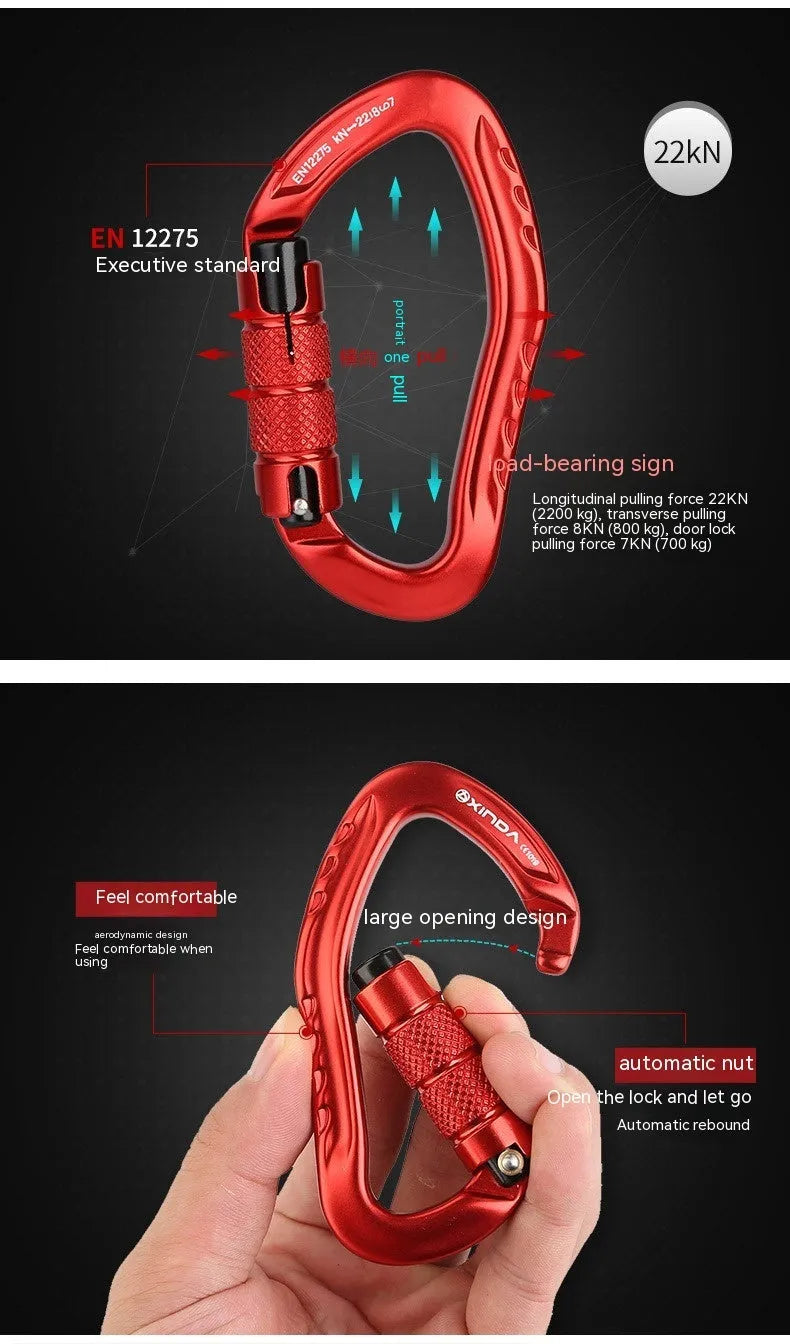 Automatic lock climbing carabiner in black, blue, orange, red, and silver colours for outdoor equipment
