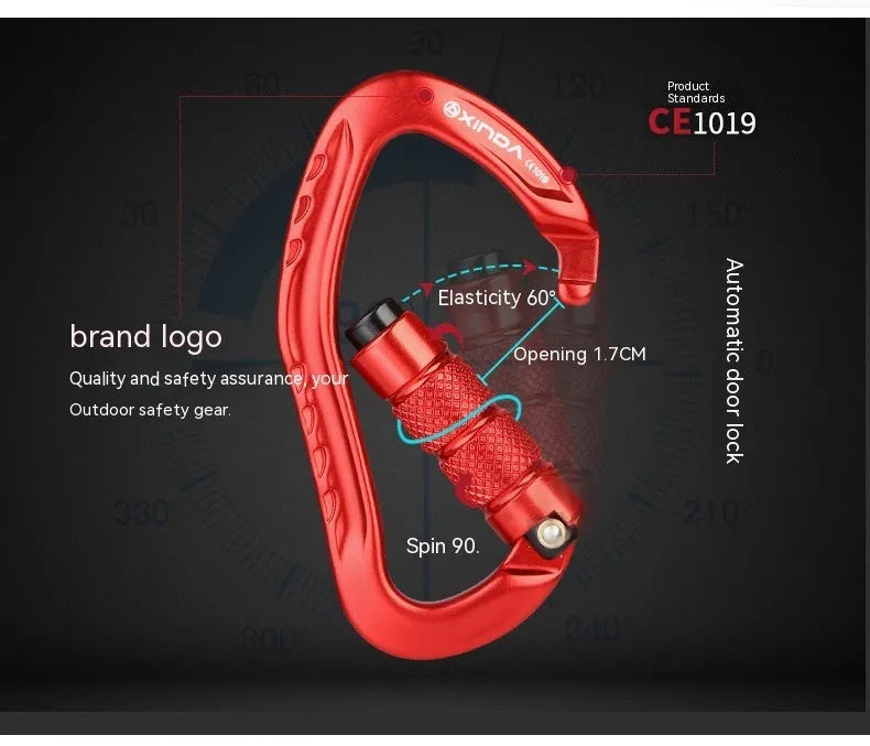 Automatic lock climbing carabiner in black, blue, orange, red, and silver colours for outdoor equipment