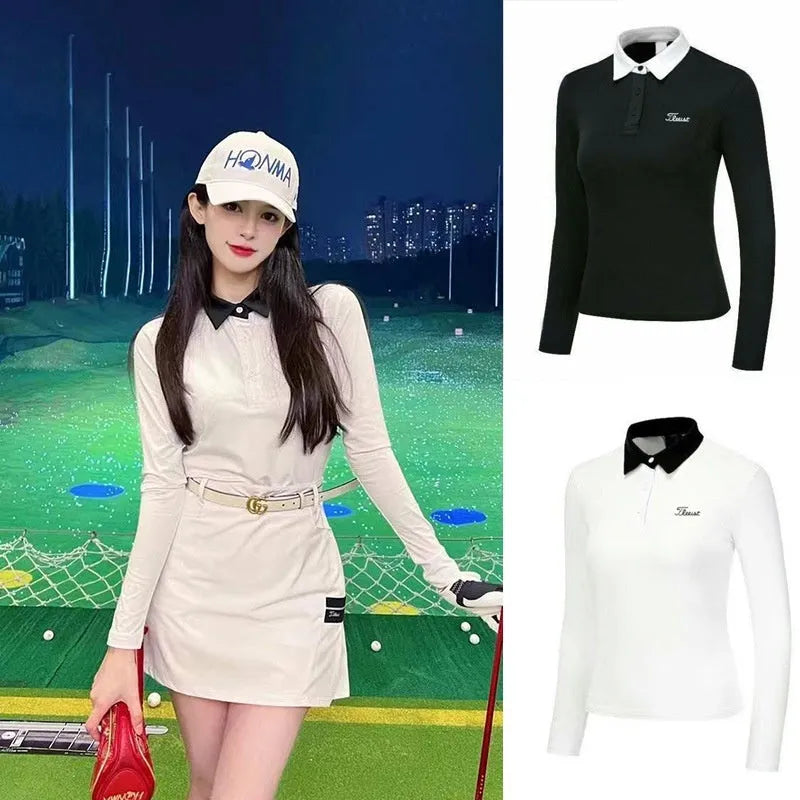 Women's white long sleeve golf top with slim fit made from breathable polyester fabric