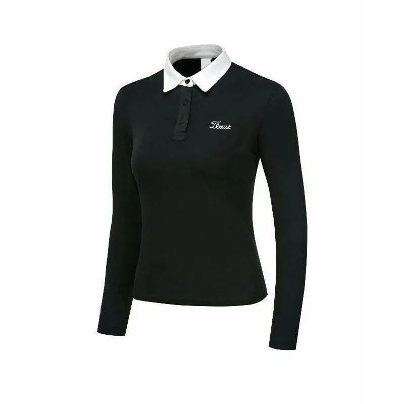 Women's white long sleeve golf top with slim fit made from breathable polyester fabric