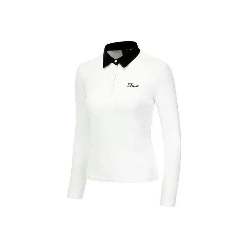 Women's white long sleeve golf top with slim fit made from breathable polyester fabric