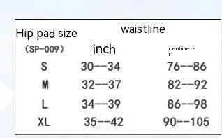 Black cycling hip protection pants with foam padding in hip area showing unisex sizing options