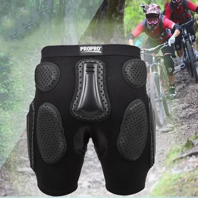 Black cycling hip protection pants with foam padding in hip area showing unisex sizing options
