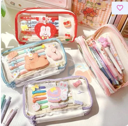 Transparent Japanese girl heart pen bag with rabbit pattern design in TPU material
