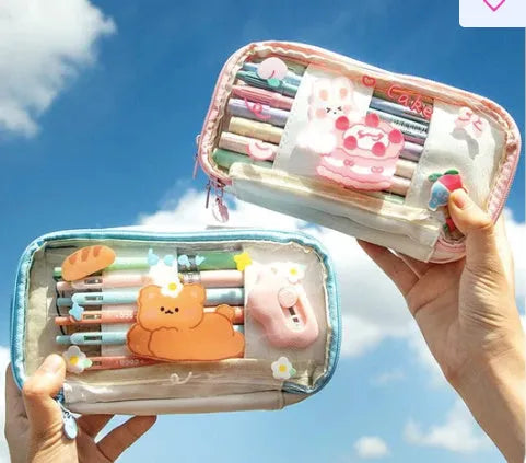 Transparent Japanese girl heart pen bag with rabbit pattern design in TPU material