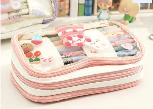 Transparent Japanese girl heart pen bag with rabbit pattern design in TPU material