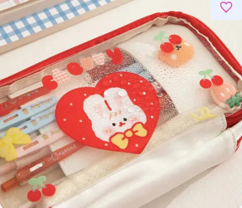 Transparent Japanese girl heart pen bag with rabbit pattern design in TPU material