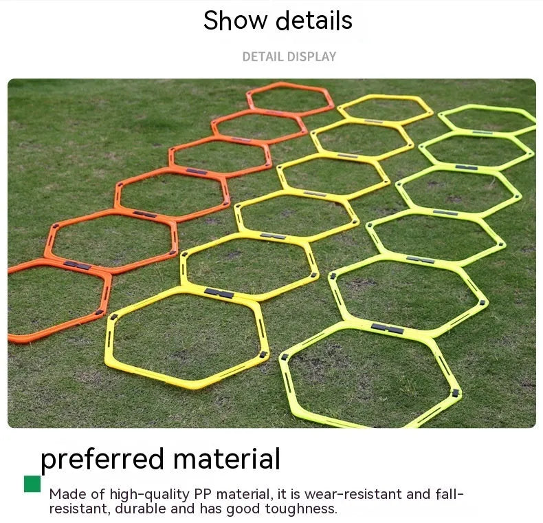 Set of six foldable hexagon football agility training rings in yellow, green, and orange colours
