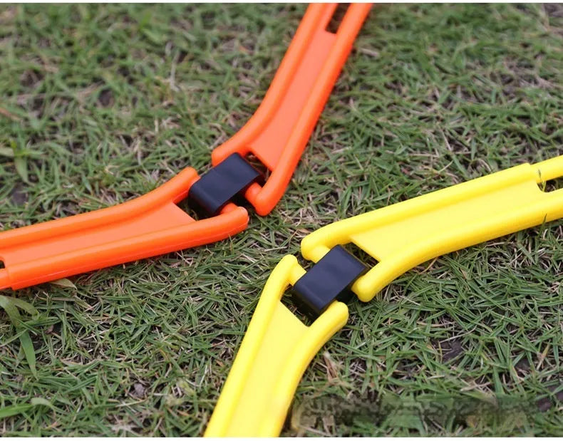 Set of six foldable hexagon football agility training rings in yellow, green, and orange colours