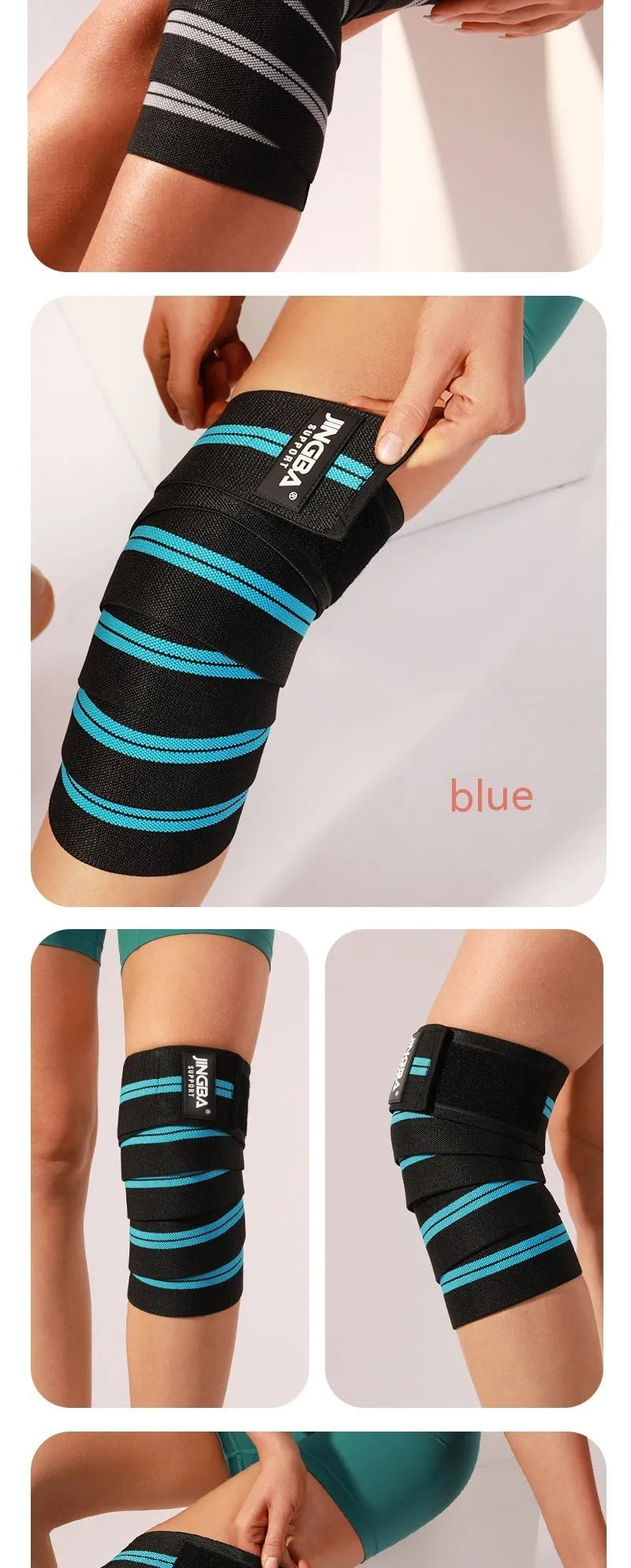 Adult adjustable sports knee pads in blue, grey, red and yellow colours for weightlifting and cycling protection