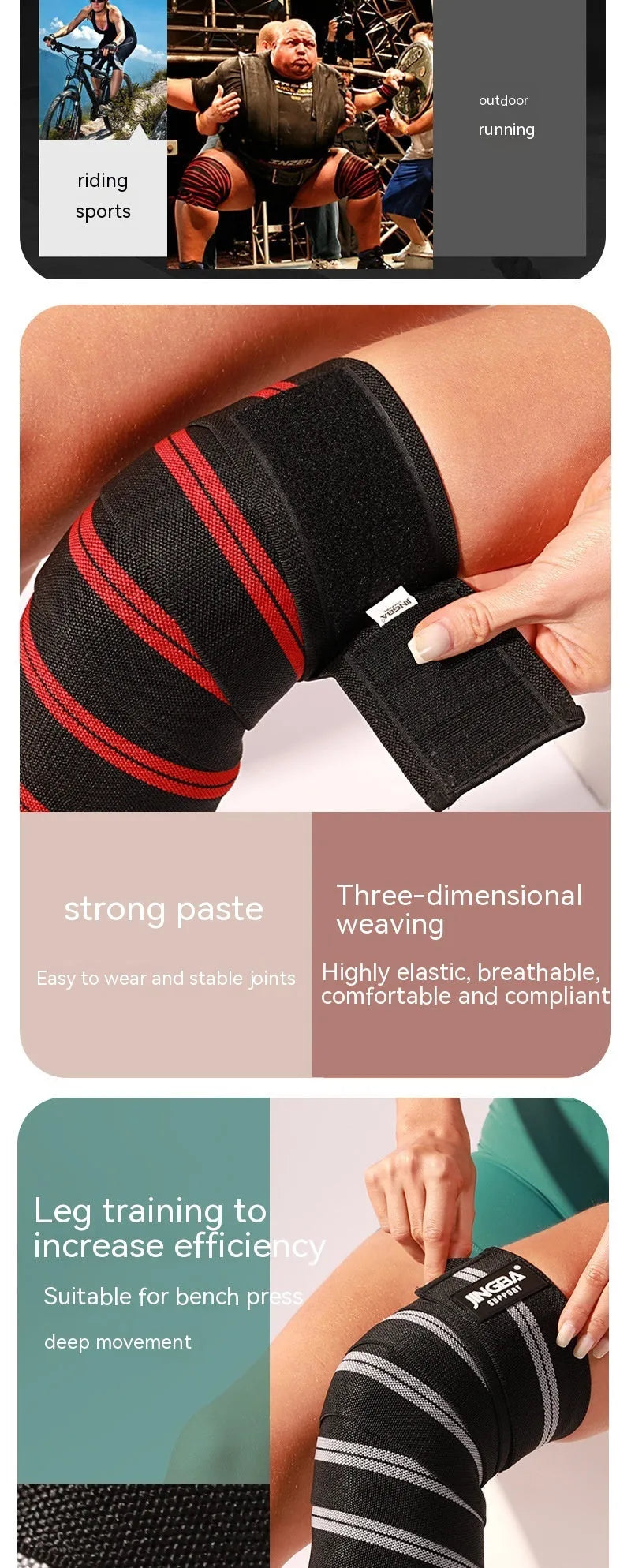 Adult adjustable sports knee pads in blue, grey, red and yellow colours for weightlifting and cycling protection