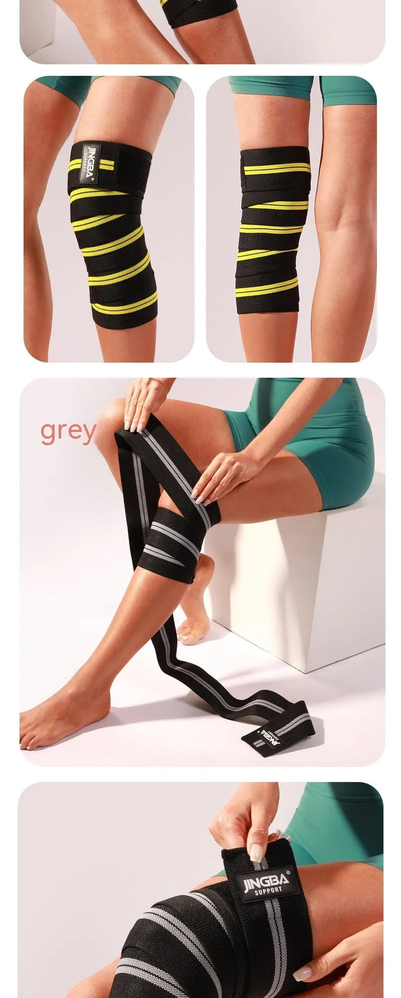 Adult adjustable sports knee pads in blue, grey, red and yellow colours for weightlifting and cycling protection