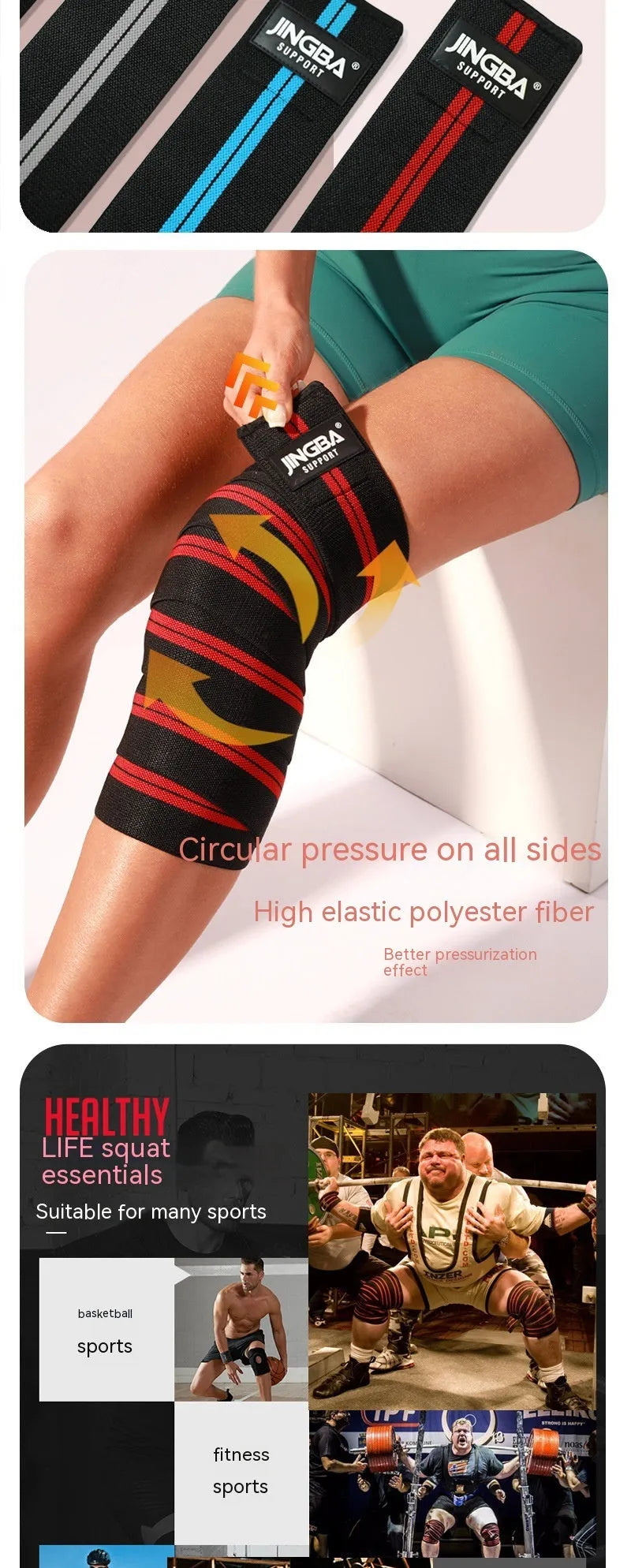 Adult adjustable sports knee pads in blue, grey, red and yellow colours for weightlifting and cycling protection