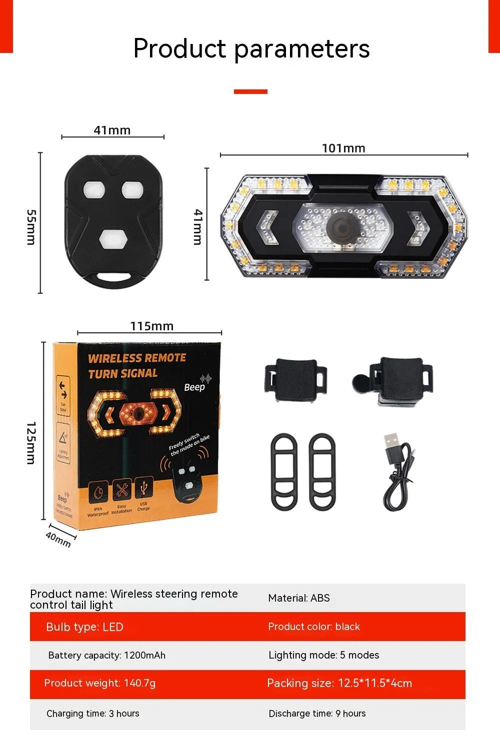 Black wireless remote control LED taillight for motorcycles and bicycles with USB charging port