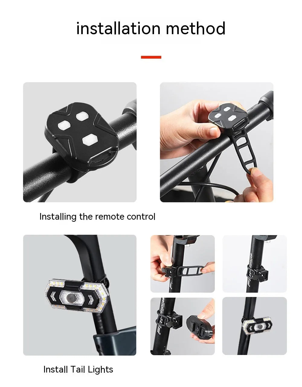 Black wireless remote control LED taillight for motorcycles and bicycles with USB charging port