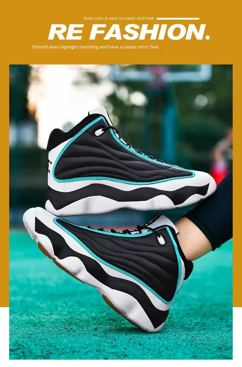 High-top basketball shoes with thick rubber sole and mesh upper in AJ13 colour options