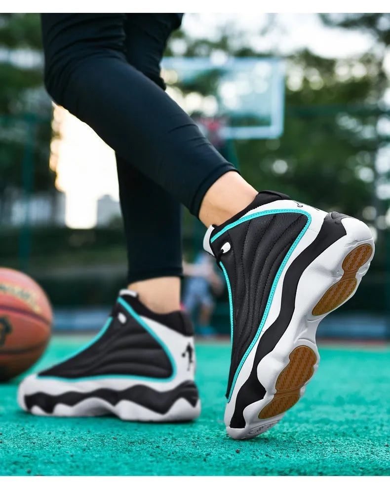 High-top basketball shoes with thick rubber sole and mesh upper in AJ13 colour options